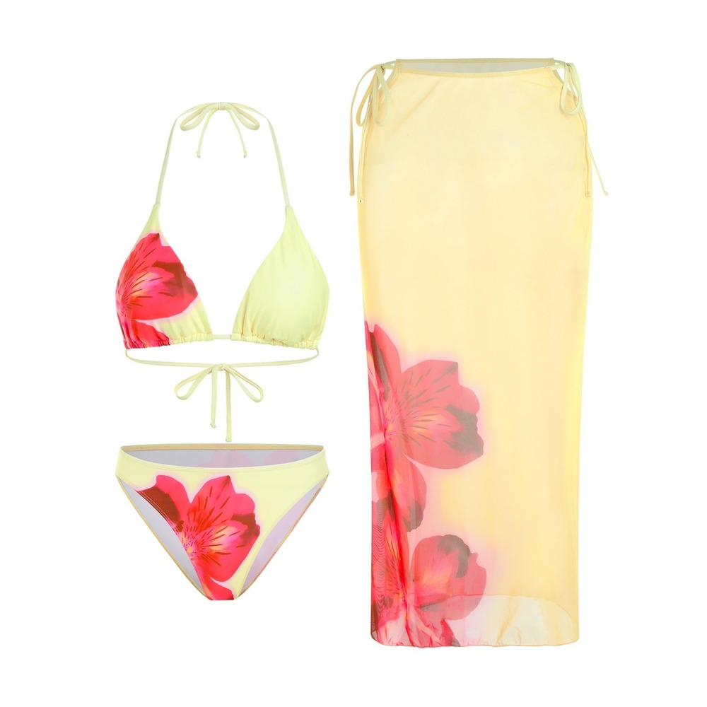 NWT ZAFUL 3PC Floral Triangle Bikini Set Sheer Cover Up Skirt‎ Yellow Large
